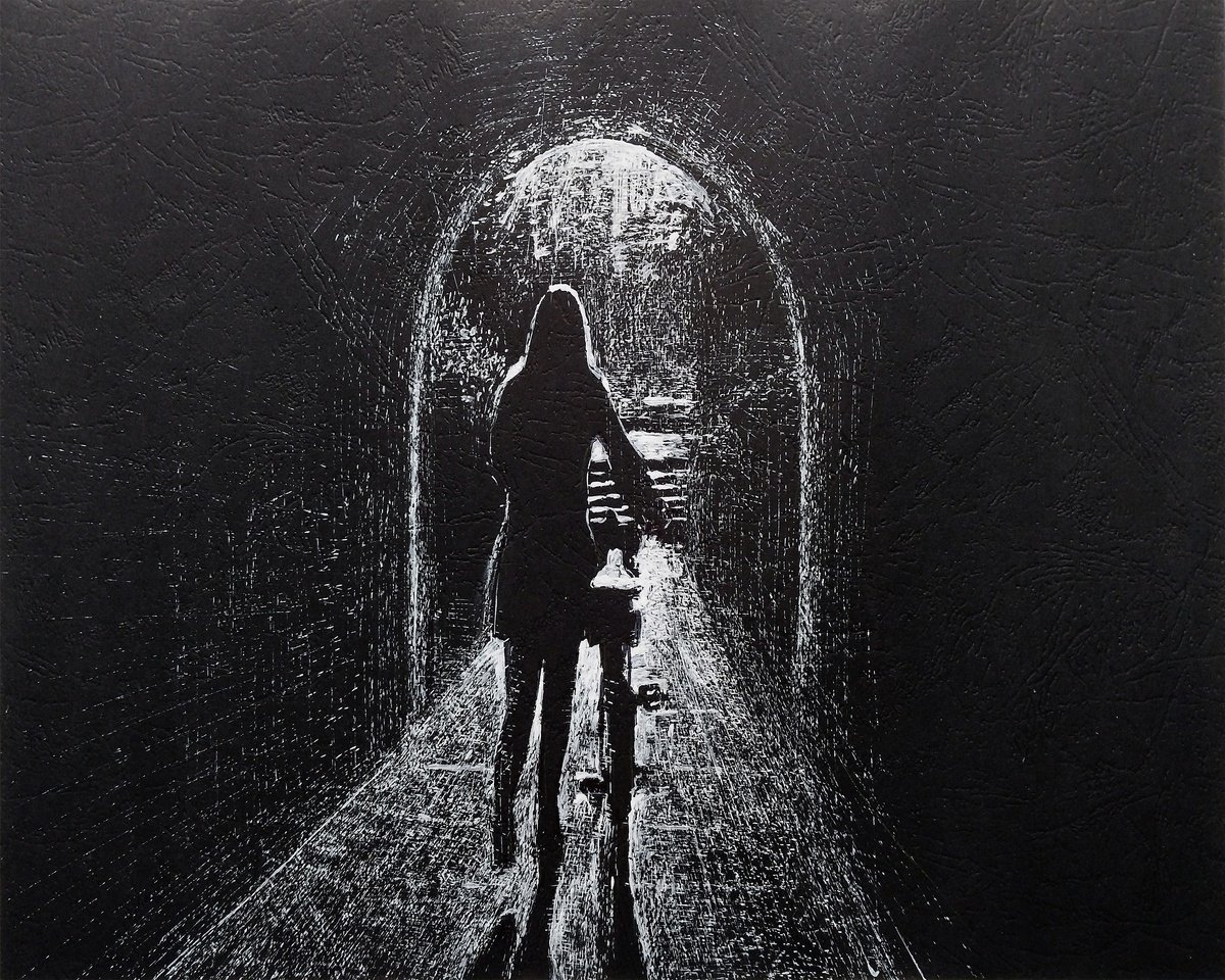 Portrait Ink Drawing By Kamsar Ohanyan, 20 X 16", Pedaling Through The Past, Original Artwork