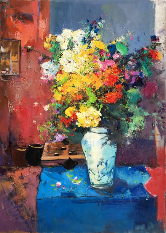 Still life oil painting:flowers in the vase