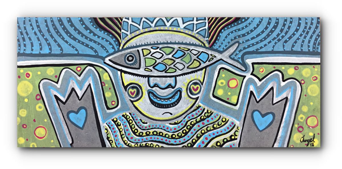 Surrealistic Portrait Acrylic Painting By Angel Rivas, 17 X 7, Eye Fish, Original Artwork