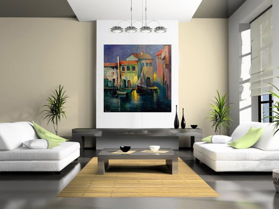 " Venice " Boats - 80 x 80cm Original Oil Painting