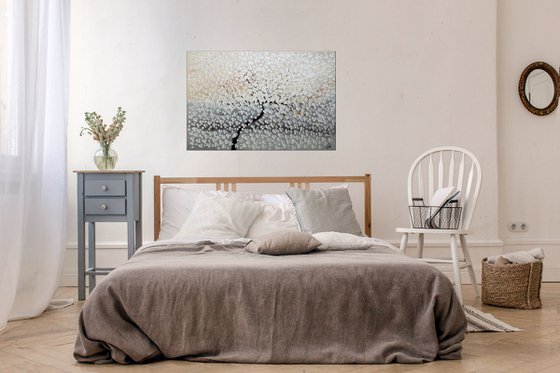 Flying White II  acrylic abstract painting cherry blossoms nature painting , stretched canvas wall art