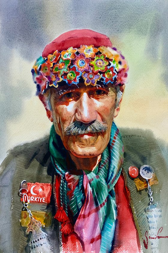 Watercolor emotional portrait of a turkish man