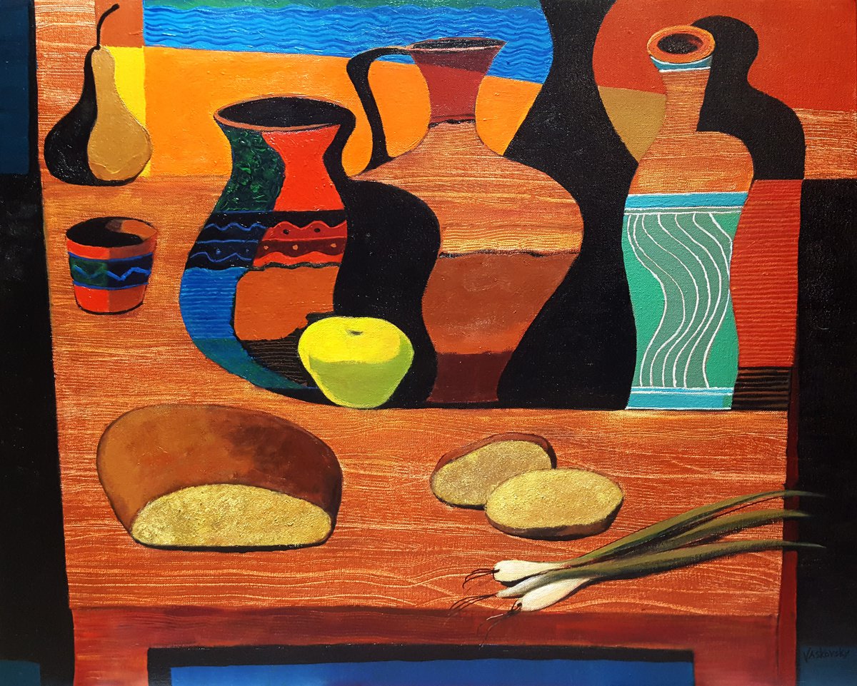 Still Life Acrylic Painting By Vadim Vaskovsky, 30 X 24", Jars, Bread And Onion, Original Artwork