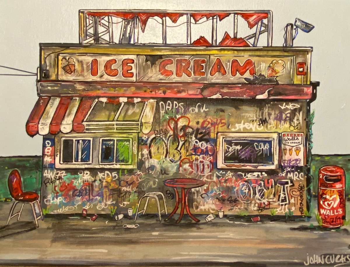 Illustrative Cityscapes Painting By John Curtis, 16 X 12, Ice Cream, Original Artwork