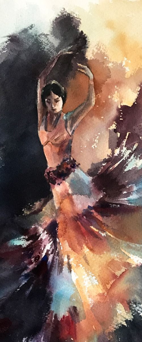 Flamenco Original Watercolor Painting by Sophie Rodionov