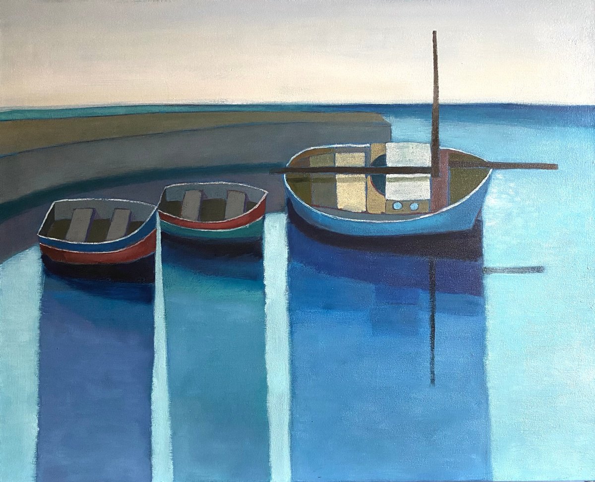 Three Boats Moored By Nigel Sharman, 32 X 26, Artwork For Sale On Artfinder