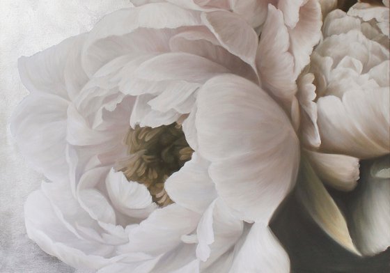 "Velvet Peonies" White silver flowers oil art