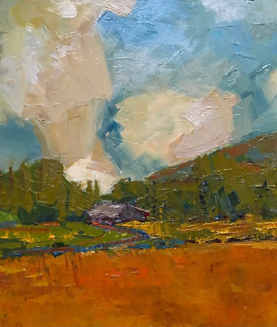 Hovering over the paddy fields landscape oil painting