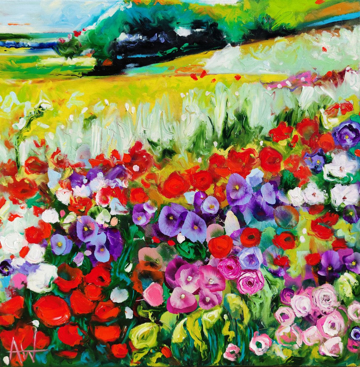 Impressionistic Landscape Oil Painting By Angie Wright, 24 X 24, Fields Of Joy, Original Artwork