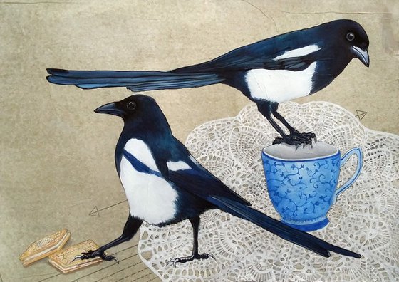 Garden party  ( magpies, tea and biscuits mixed media painting )