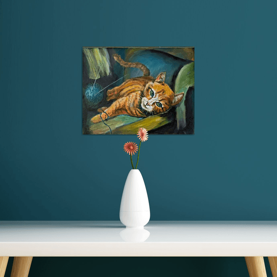 Let's knit a gorgeous, lovely painting of a cat playing with yarn 11x14 image in a gorgeous antique driftwood frame