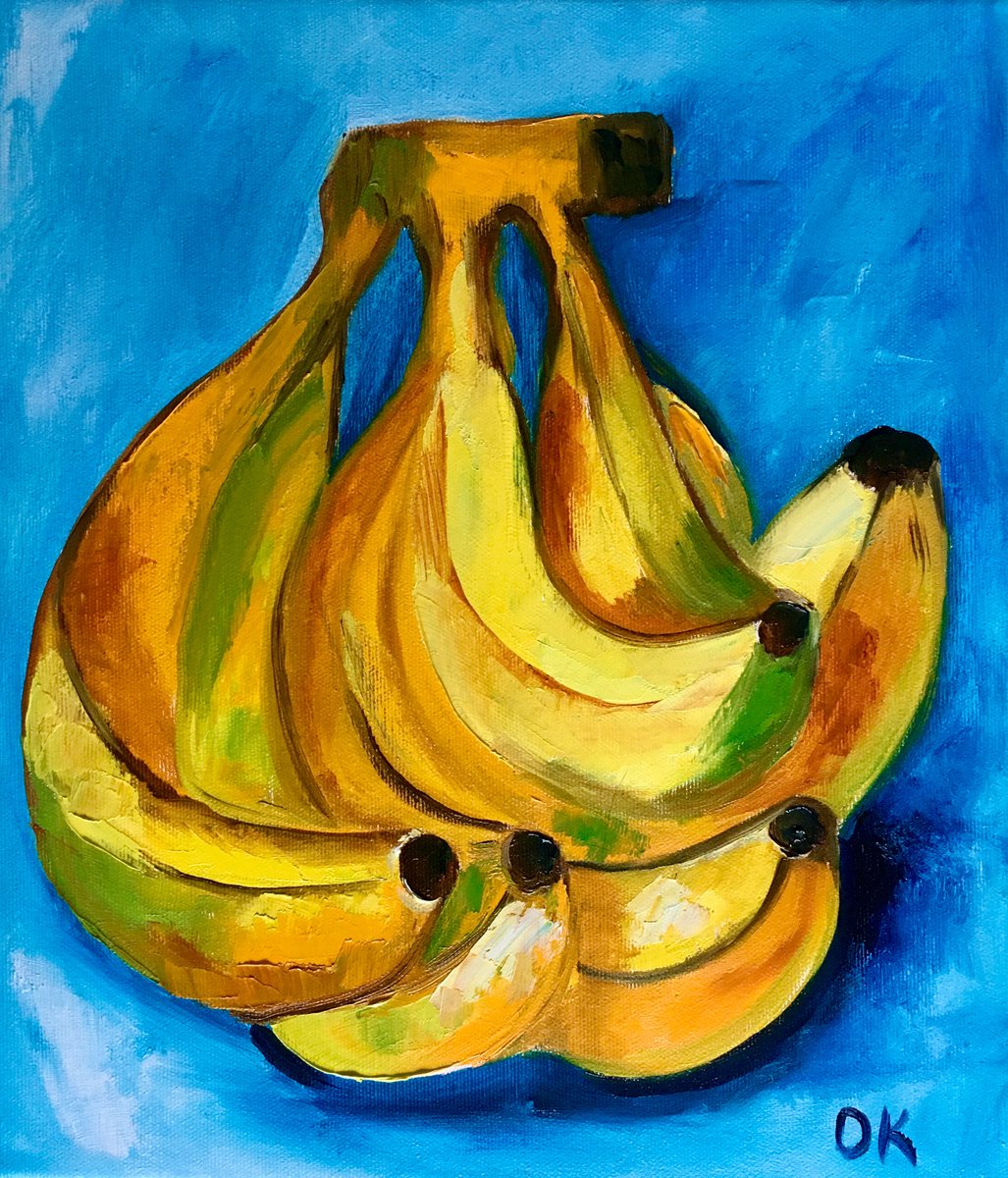 Bananas on  turquoise  Still life. Palette knife painting on linen canvas by Olga Koval