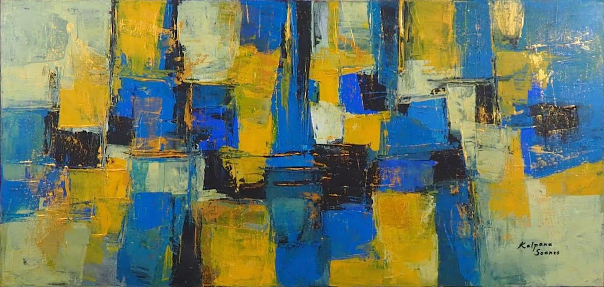 Geometric Abstract Painting By Kalpana Soanes, 41 X 20", Dream When Waters Are Calmer, Original Artwork
