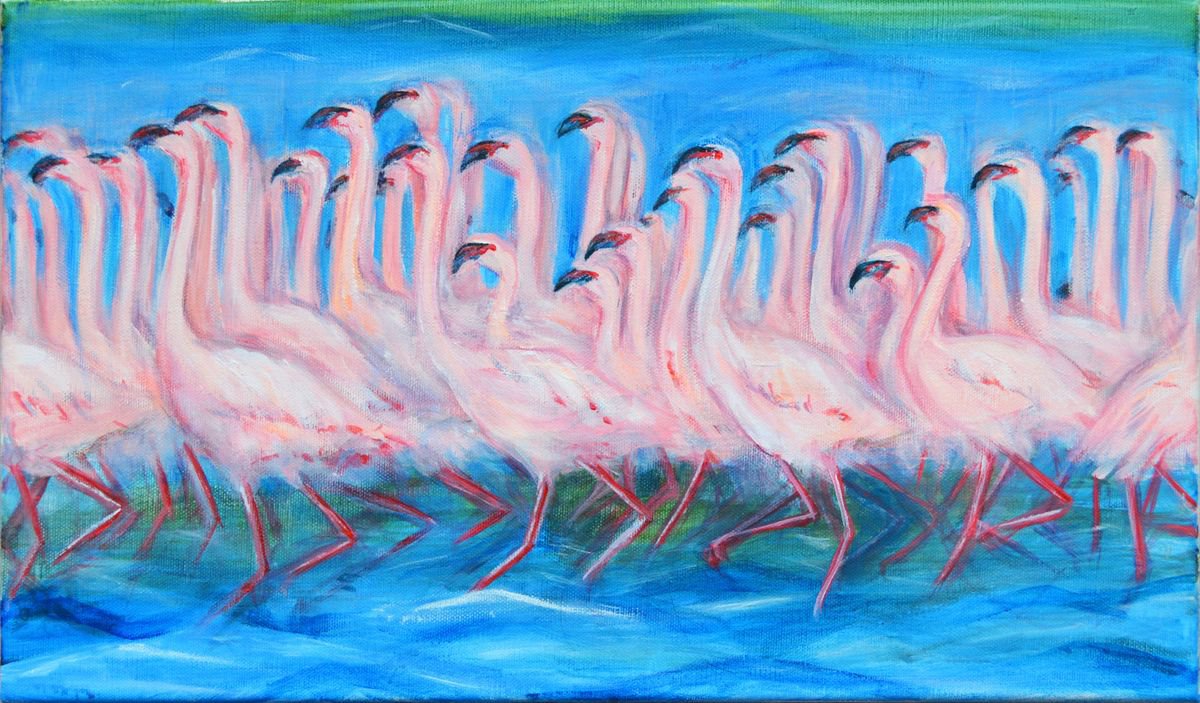 Impressionistic Animal Acrylic Painting By Jacqueline Talbot, 18 X 11, Flamingoes Dancing, Original Artwork