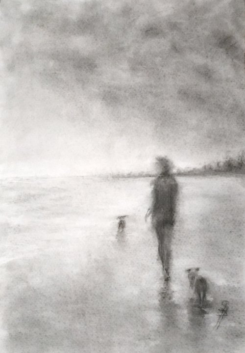Walk on Stormy  Beach with Dogs by SBBoursot