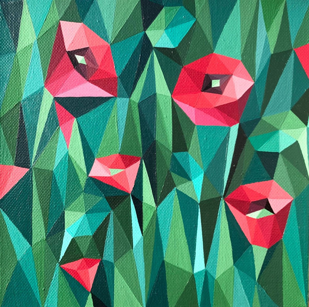 Geometric Botanical Acrylic Painting By Maria Tuzhilkina, 8 X 8", Red Lights Of Poppies, Original Artwork