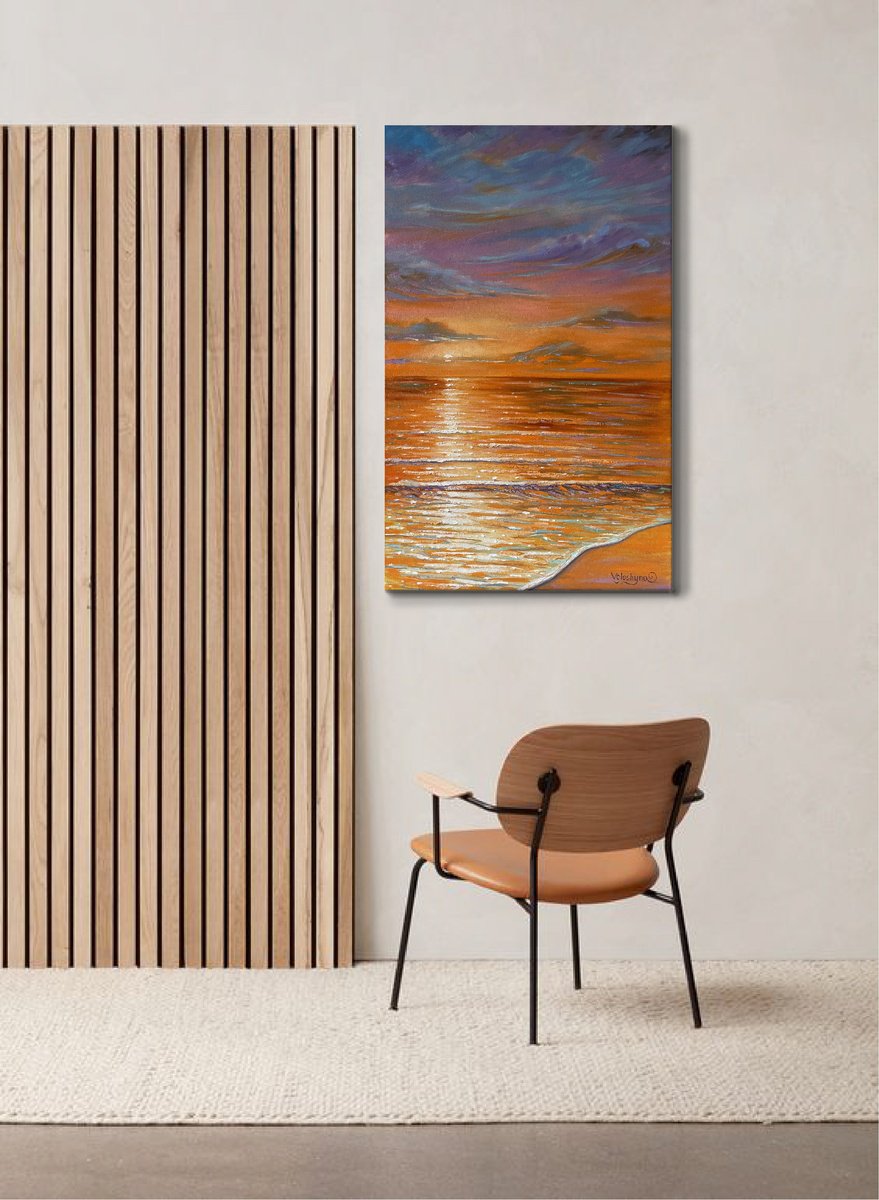 Impressionistic Landscape Oil Painting By Mary Voloshyna, 20 X 31", Bright Sea, Original Artwork