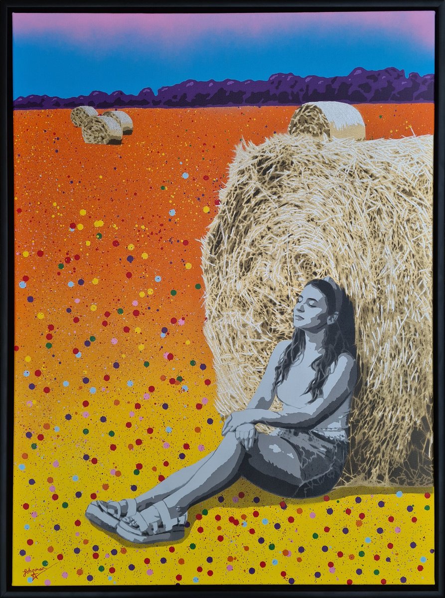 Urban And Pop Landscape Painting By Johnman, 31 X 41, Bliss - Contemporary Vibrant Bales Meadow Landscape Splatters Of Spray Paint Urban Graffiti Pop Art Style Artwork With Girl Resting Against A Bale In A Meadow., Artfinder