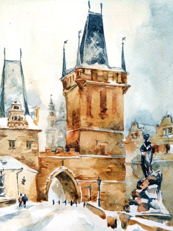 "Bridge in Prague. Winter architectural landscape" Original watercolor painting