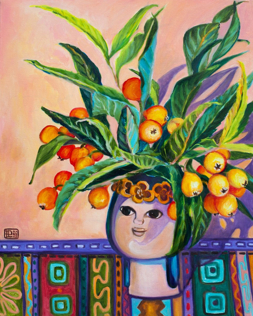 Still Life Oil Painting By Liudmila Pisliakova, 16 X 20", Loquat, Original Artwork