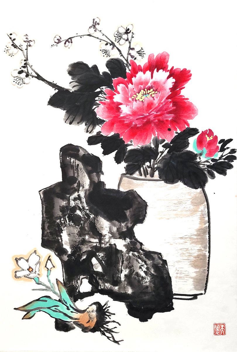 Peony in vase with stone and narcissus - Oriental Chinese Ink Painting by Ilana Shechter