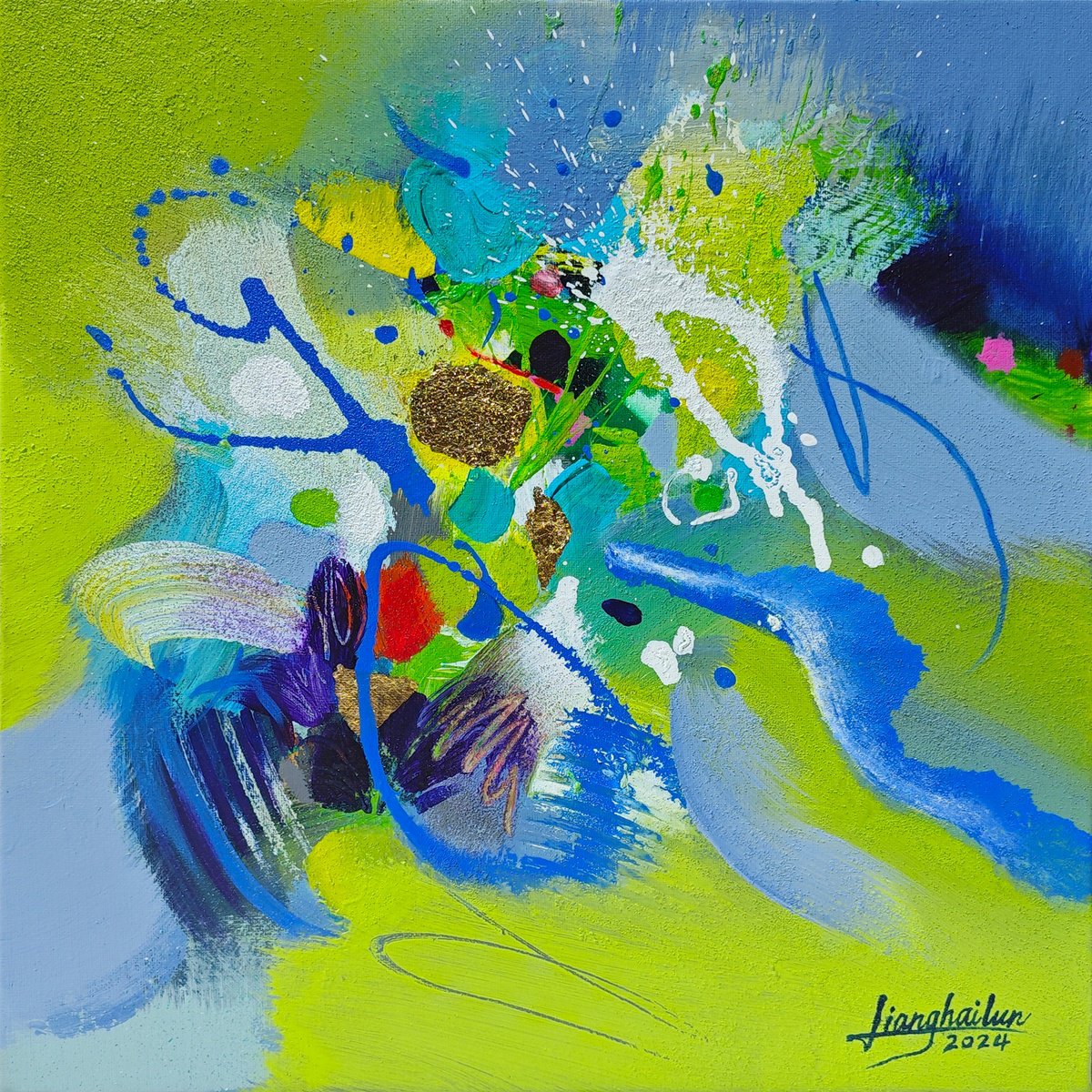 Abstract Acrylic Painting By Liang Hailun, 16 X 16", N°237, Original Artwork