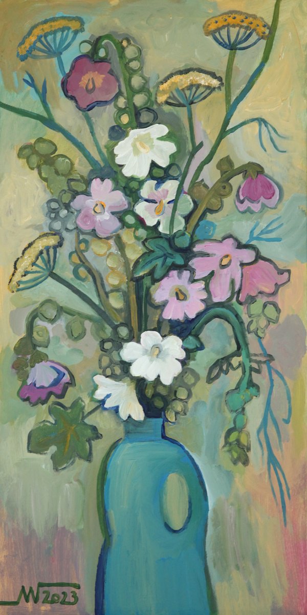 Botanical Acrylic Painting By Marina Gorkaeva, 16 X 31", Blue Bottle, Original Artwork