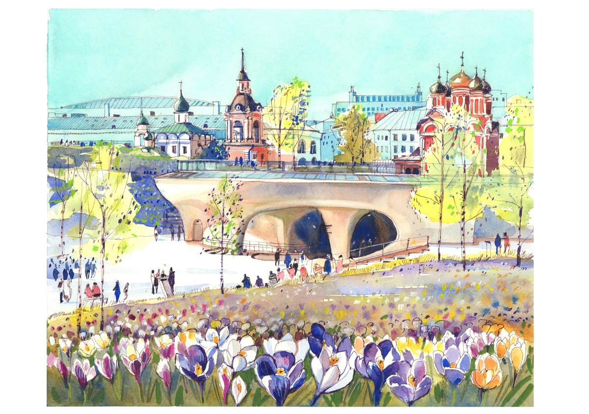 Impressionistic Landscape Watercolour By Anastasia Mamoshina, 17 X 12, Spring Awakening In Moscow, Original Artwork