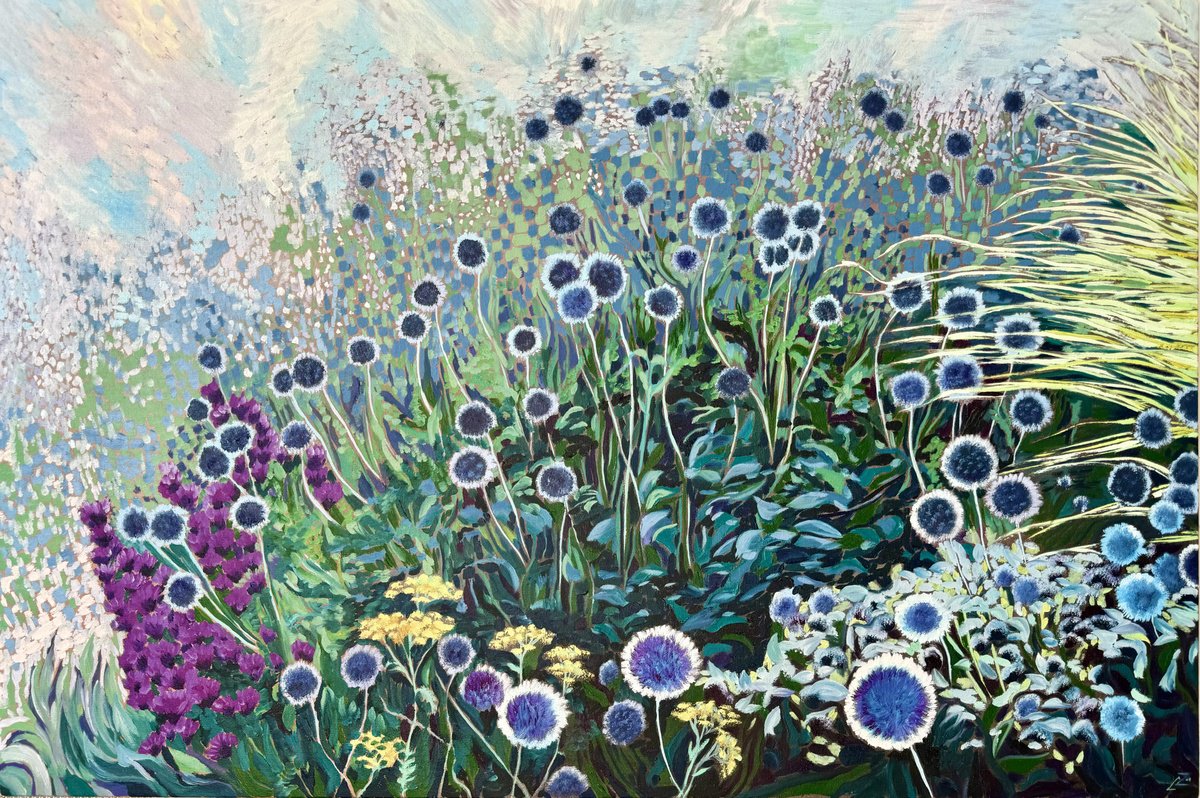 Impressionistic Botanical Oil Painting By Zulfiya Mukhamadeyeva, 35 X 24", Blue Garden, Original Artwork