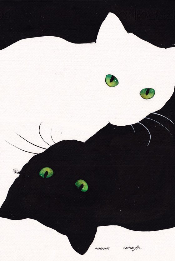 White Cat Black Cat Watercolour by REME Jr. | Artfinder