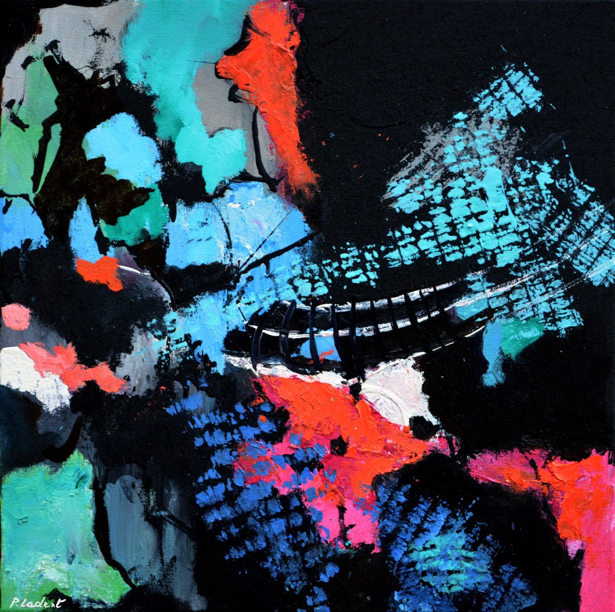 Abstract Oil Painting By Pol Henry Ledent, 16 X 16", Tracking Satellites, Original Artwork