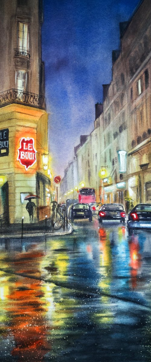 Rainy Night in Paris  -  Franc by Olga Beliaeva Watercolour