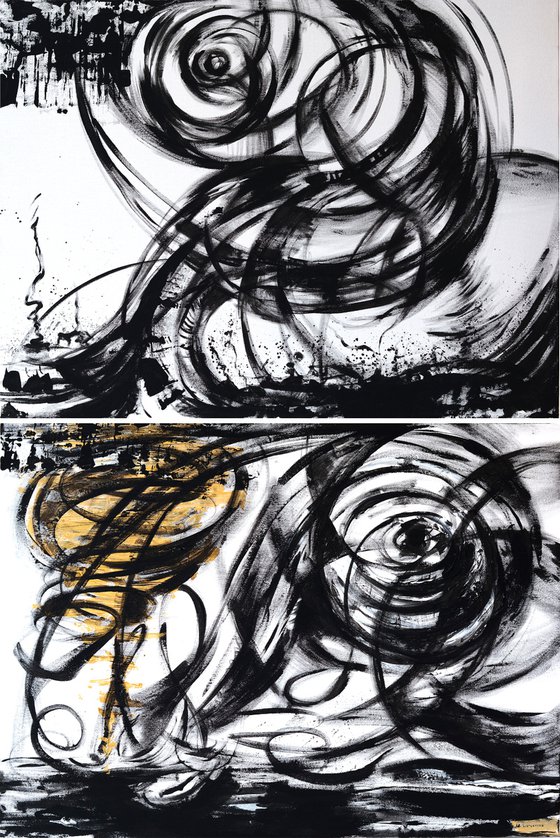 Black and white diptych abstraction About envy