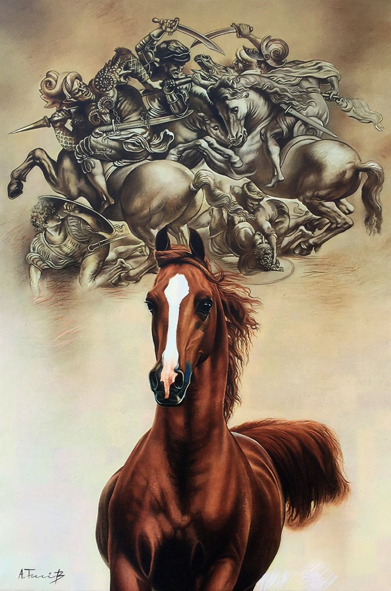 Photorealistic Animal Giclee Print By Alexander Titorenkov, 24 X 35, Improvisation On Battle Of Anghiari, Original Artwork