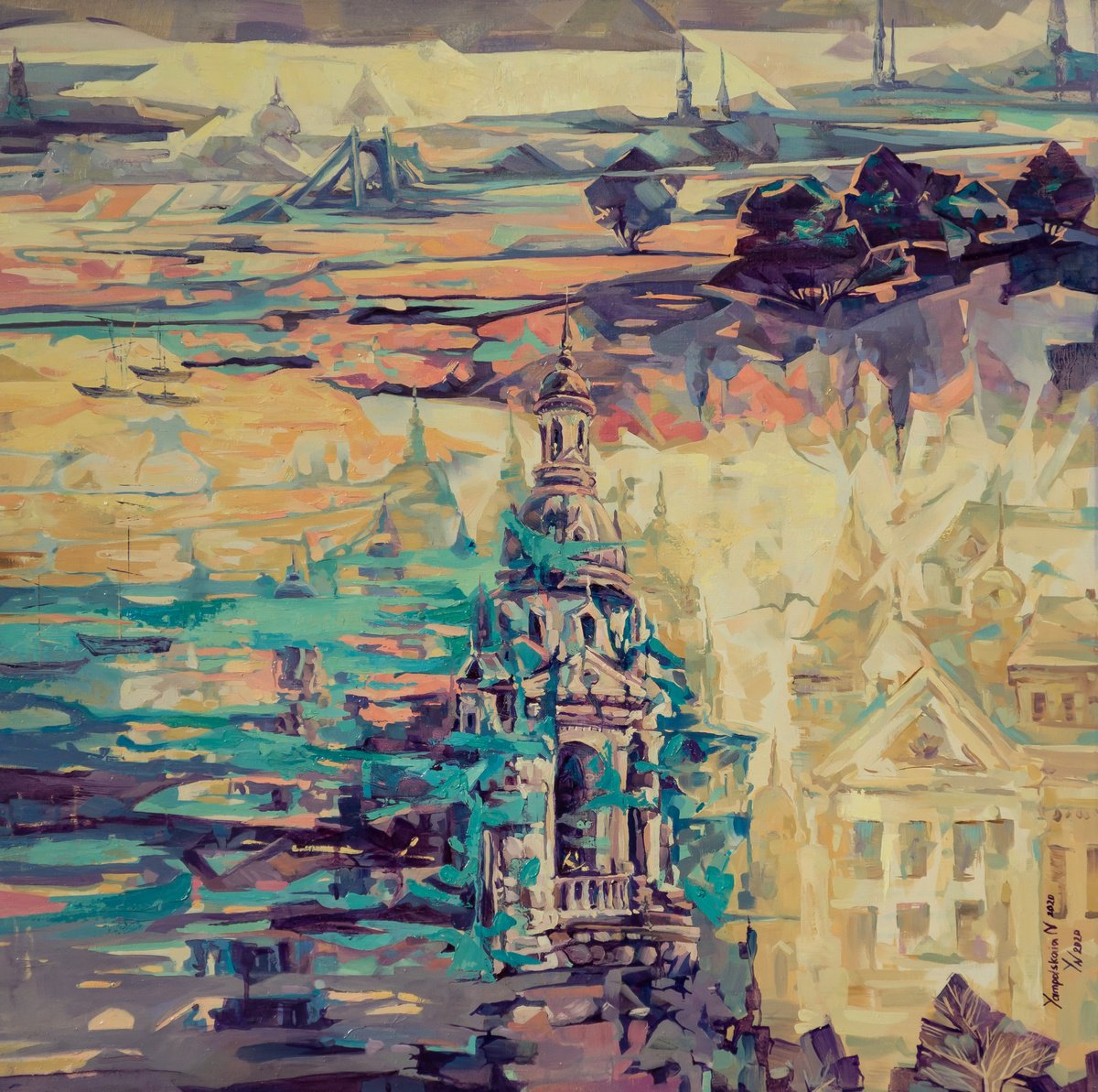 Impressionistic Cityscapes Oil Painting By Natalia Yampolskaia, 31 X 31", Castles Of Budapest I, Original Artwork