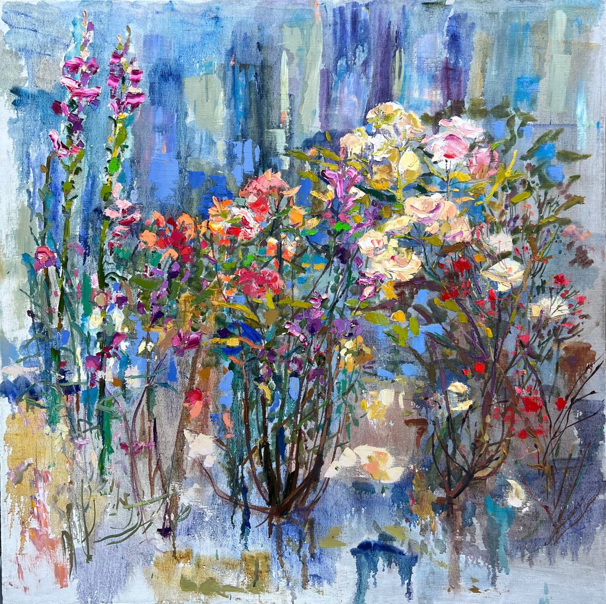 Impressionistic Botanical Oil Painting By Florina Breazu, 38 X 38, Chromatic Synesthesia, Original Artwork