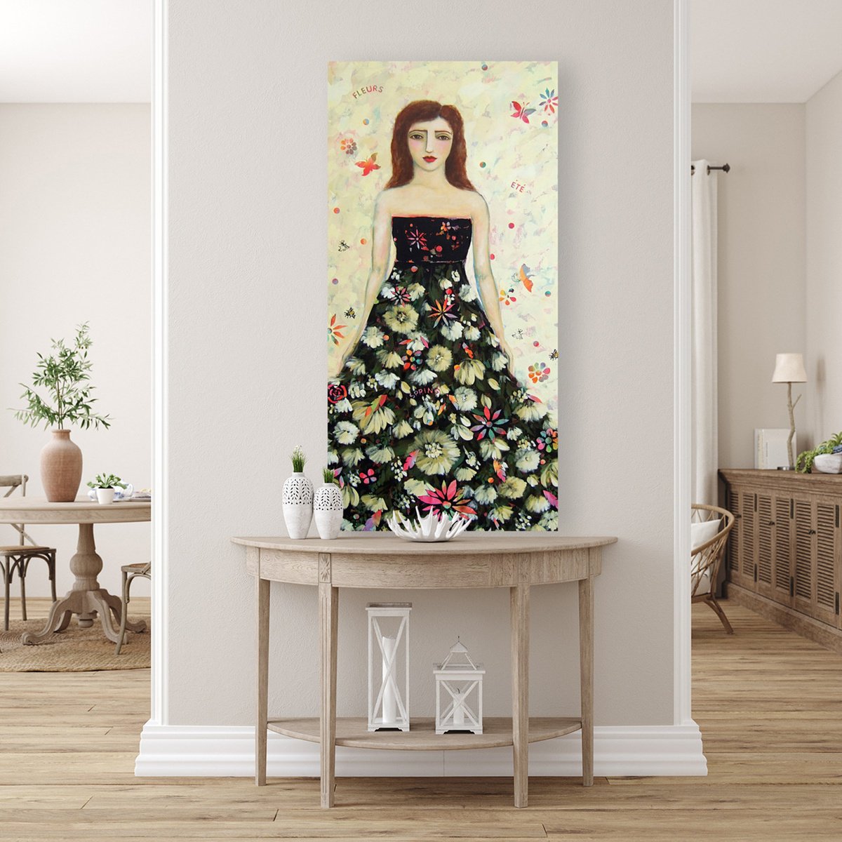 Impressionistic Portrait Acrylic Painting By Karen Rieger, 30 X 60", Bees And Butterflies, Original Artwork
