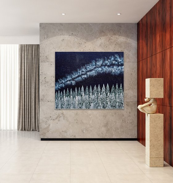 Starry night in winter woods