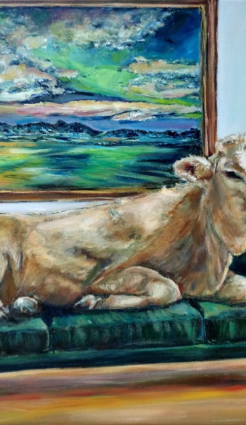 Cow At Home, oil on canvas, 70 x 50 cm by Jura Kuba Art