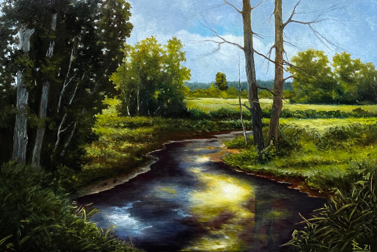 Impressionistic Landscape Oil Painting By Oleg Baulin, 24 X 16", Black Water, Original Artwork