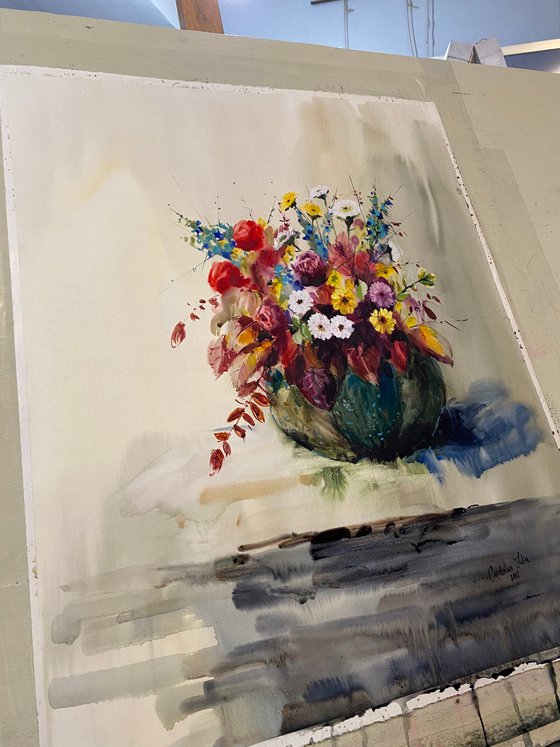 Sold Watercolor “A pumpkin with flowers", perfect gift