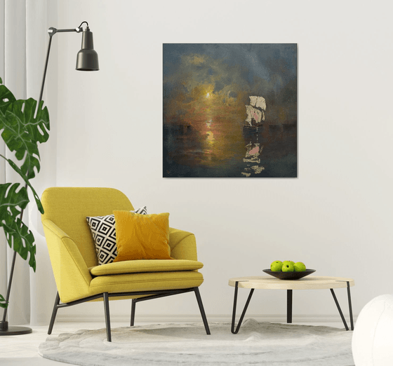 " Harbor of destroyed dreams - Emerald Night " W 110 x H 110 cm