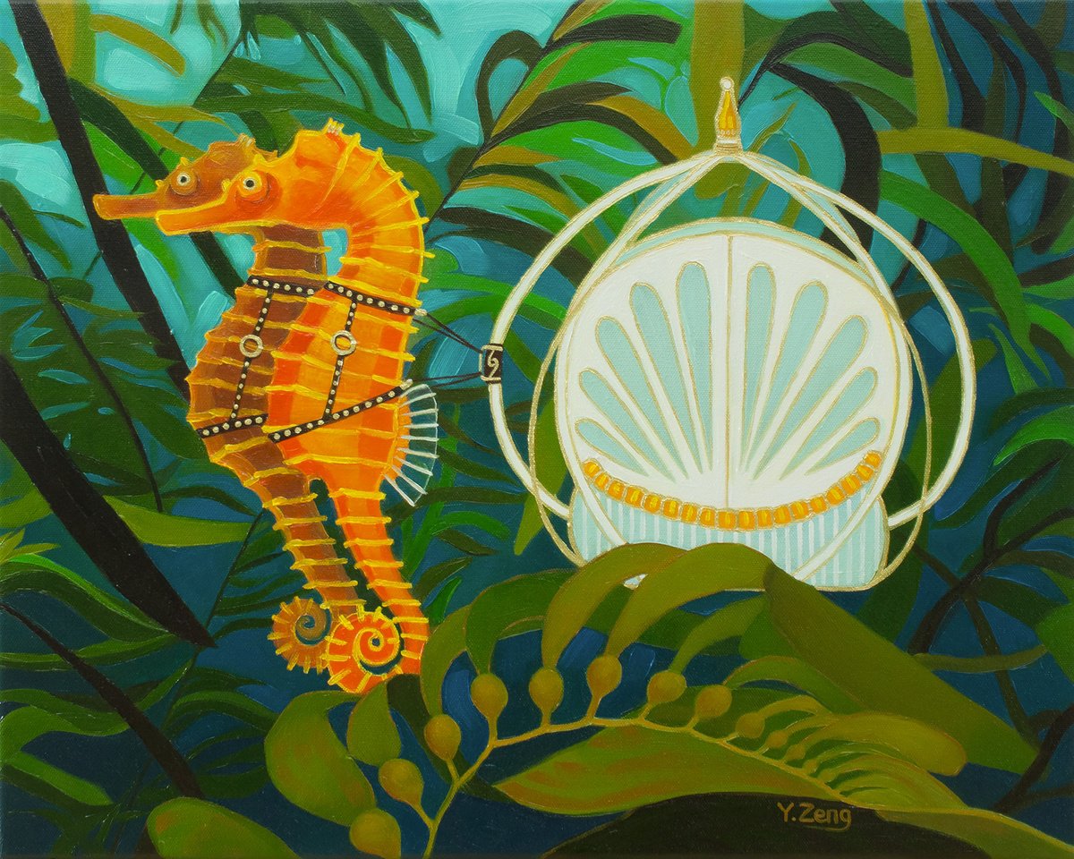 Surrealistic Oil Painting , Seahorses Carriage By Yue Zeng, 20 X 16, Artwork For Sale On Artfinder