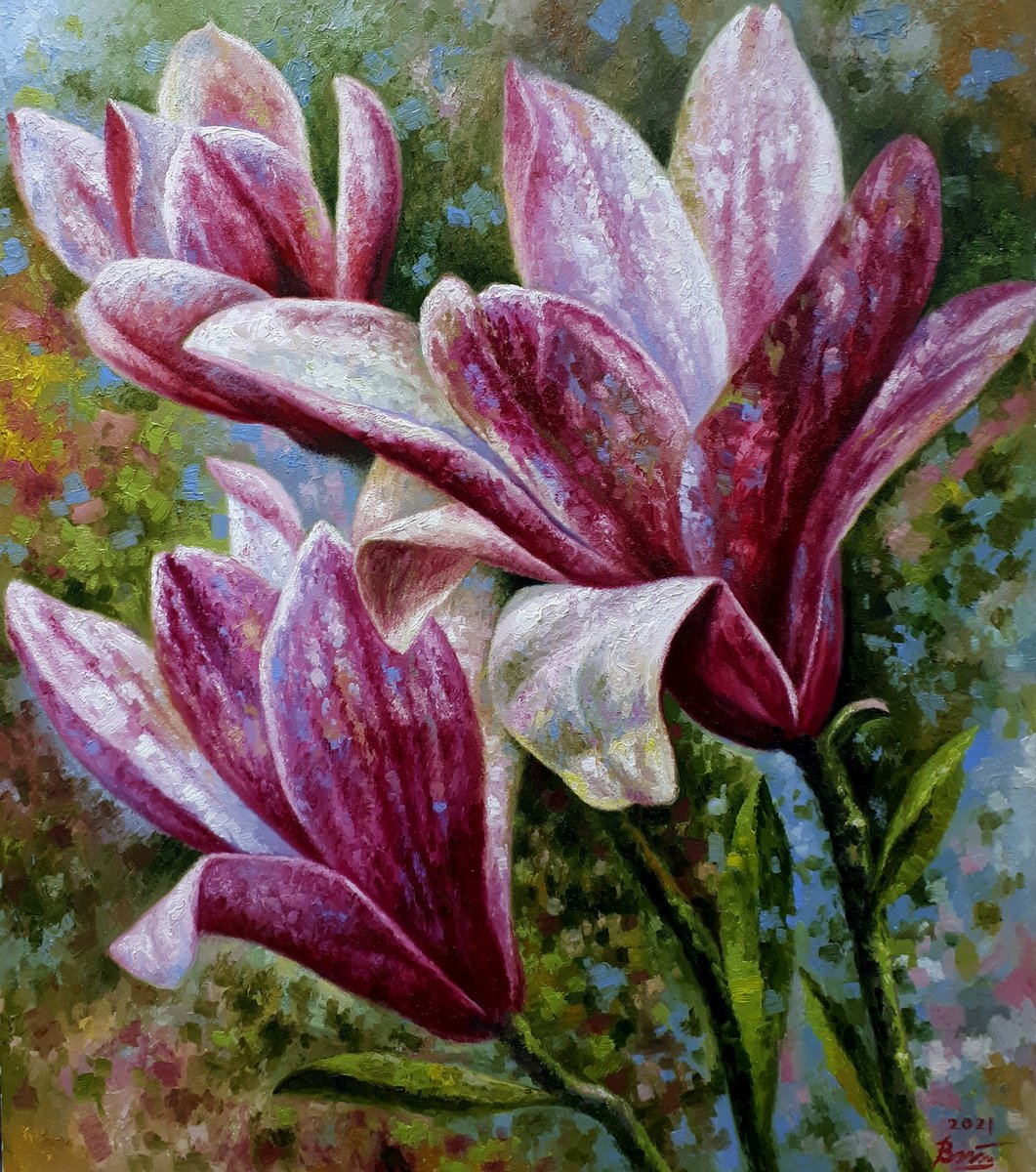 Impressionistic Botanical Oil Painting By Serhii Voichenko, 27 X 32", Magnolia, Original Artwork