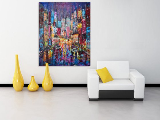 Light at Night -Palette knife,Big City, HomeDecor