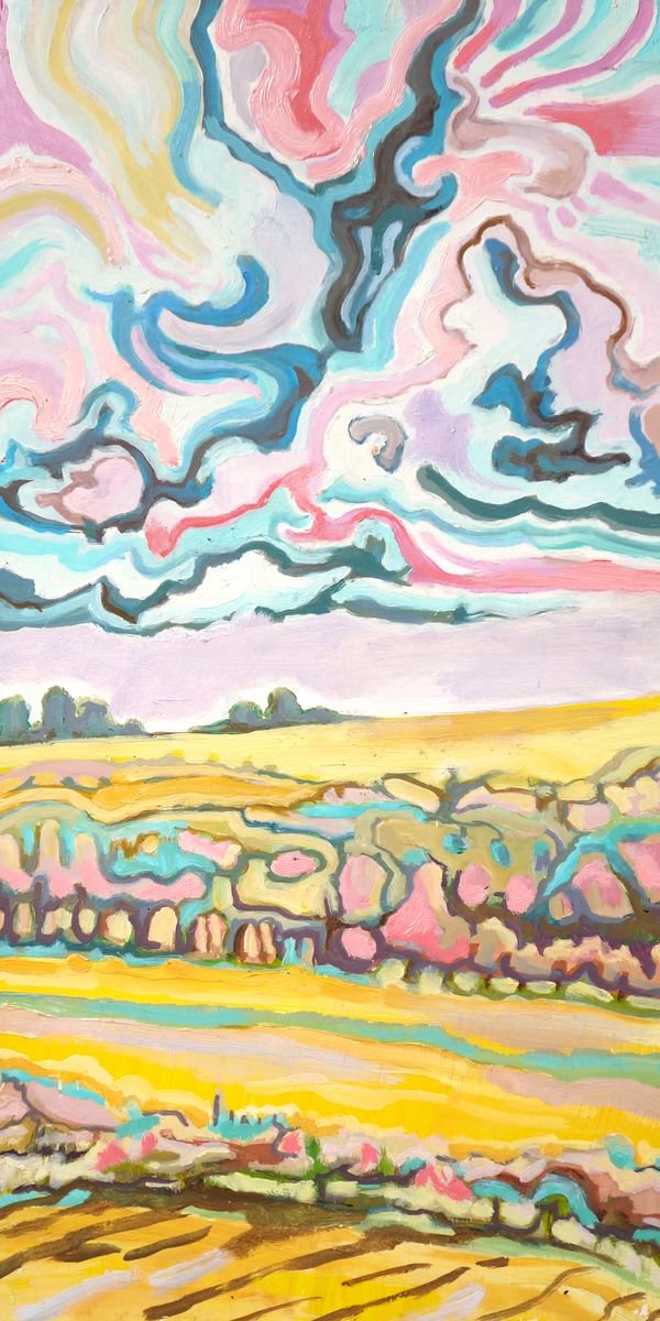 Impressionistic Landscape Oil Painting By Guy Pickford, 10 X 22, Sky Pop, Original Artwork