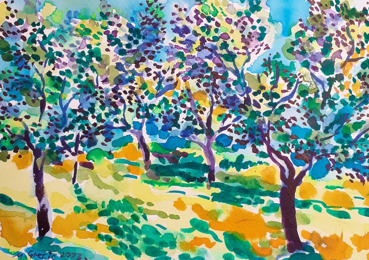 Impressionistic Landscape Watercolour By Maja Grecic, 10 X 7", Olive Grove No 36, Original Artwork