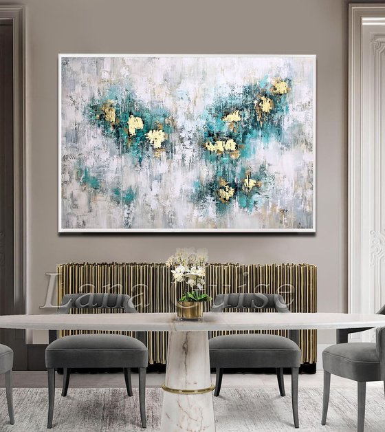 Mint Veil - Abstract Painting 60" x 40" Large Abstract Gold Leaf Soft Colors White Gray Painting
