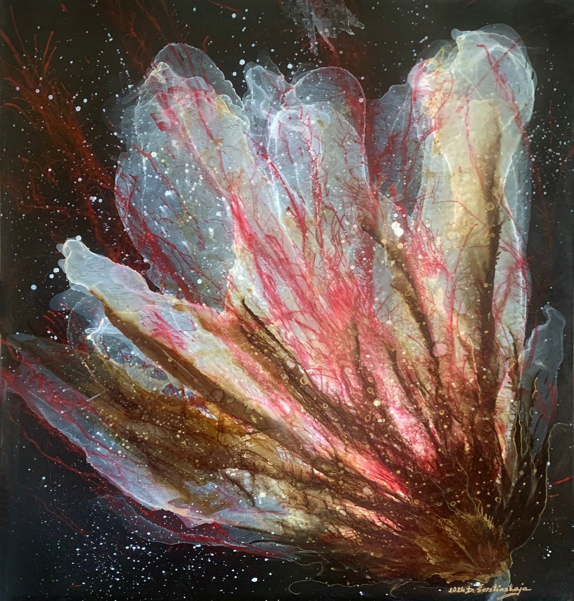 Expressive Botanical Painting By Danguole Serstinskaja, 16 X 18, Nocturnal Blossom, Original Artwork