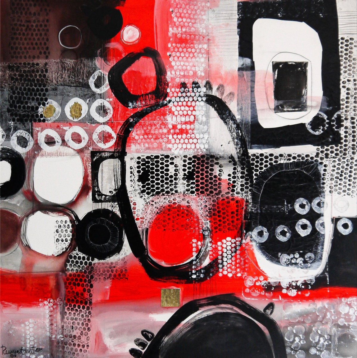 Abstract Acrylic Painting By Irina Rumyantseva, 36 X 36, Red Abstract Collage, Original Artwork